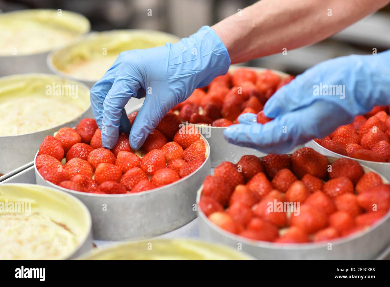 Herstellung von Erdbeerkuchen auf dem Förderband eines Große Bäckerei - Frau mit Handschuhen, die die Erdbeeren schmückt Der Kuchen Stockfoto