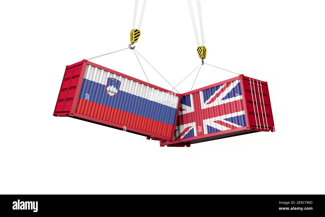 Handelsabkommen zwischen Großbritannien und slowenien. Zusammenprallen von Frachtcontainern. 3D Rendern Stockfoto