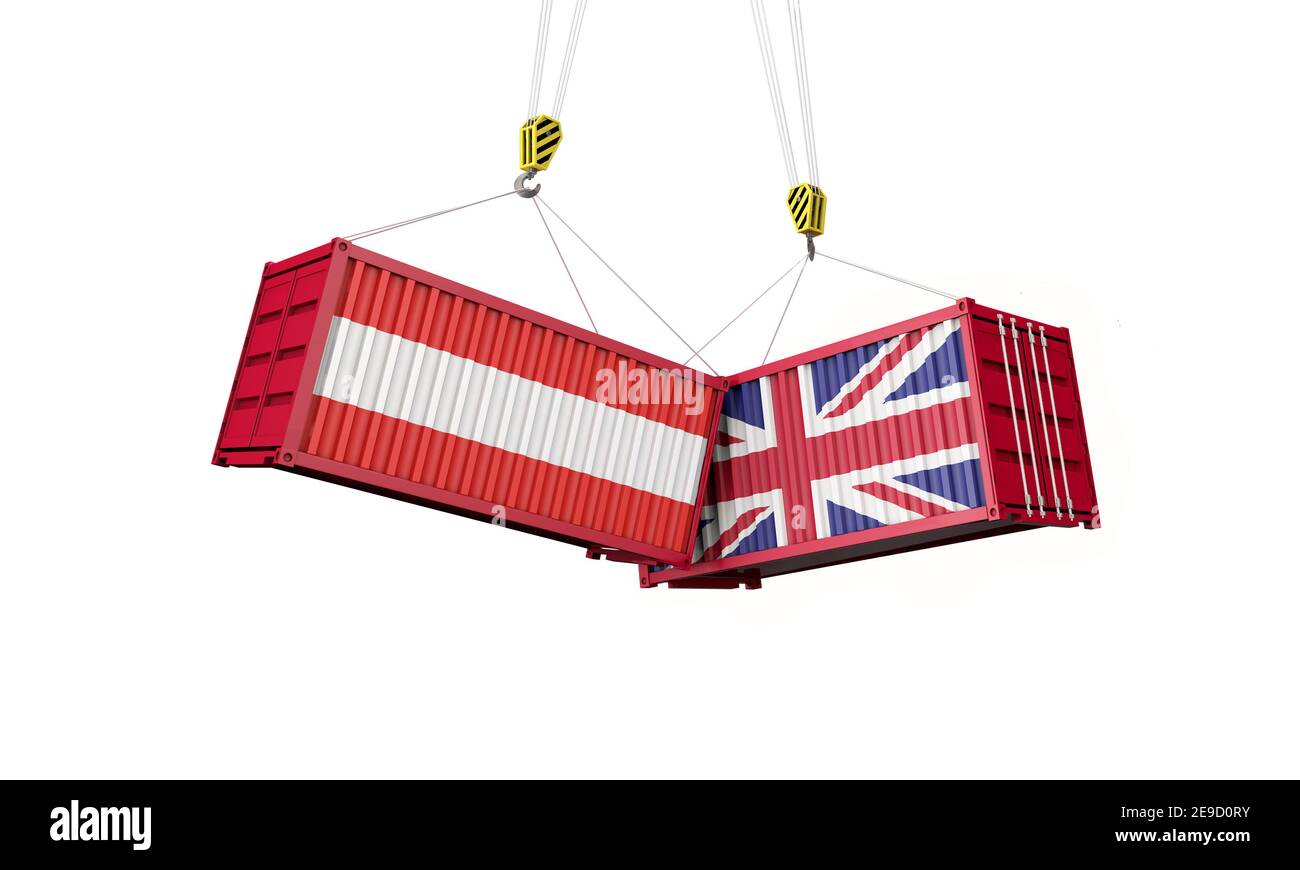 Handelsabkommen zwischen Großbritannien und österreich. Zusammenprallen von Frachtcontainern. 3D Rendern Stockfoto