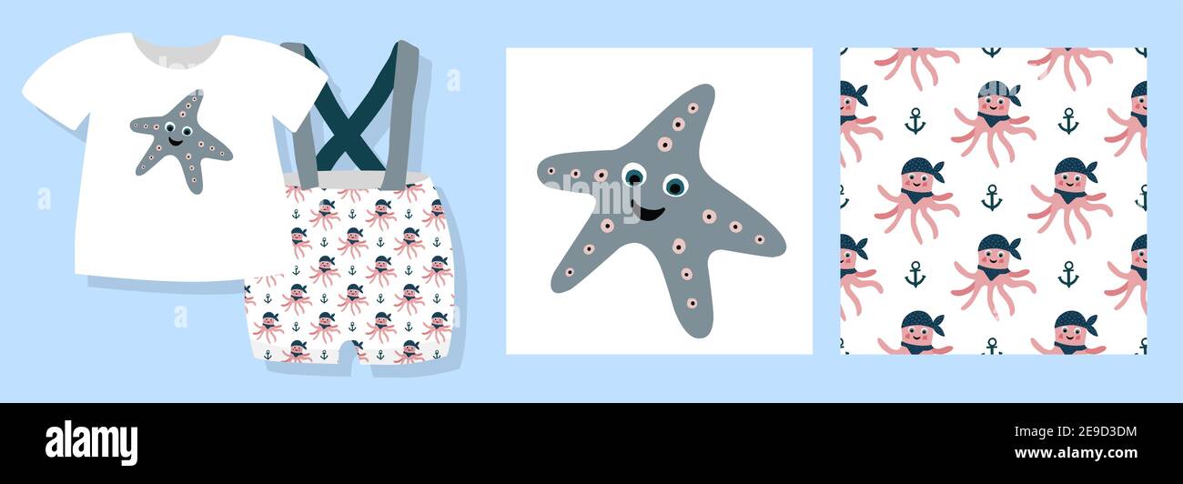 Ein lustiger Druck für Babykleidung. Niedliches Muster mit Fischen. T-Shirt-Design. Vektorgrafik. Ready-made Textil-Design-Kit. Nahtlose Muster. Marin Stock Vektor