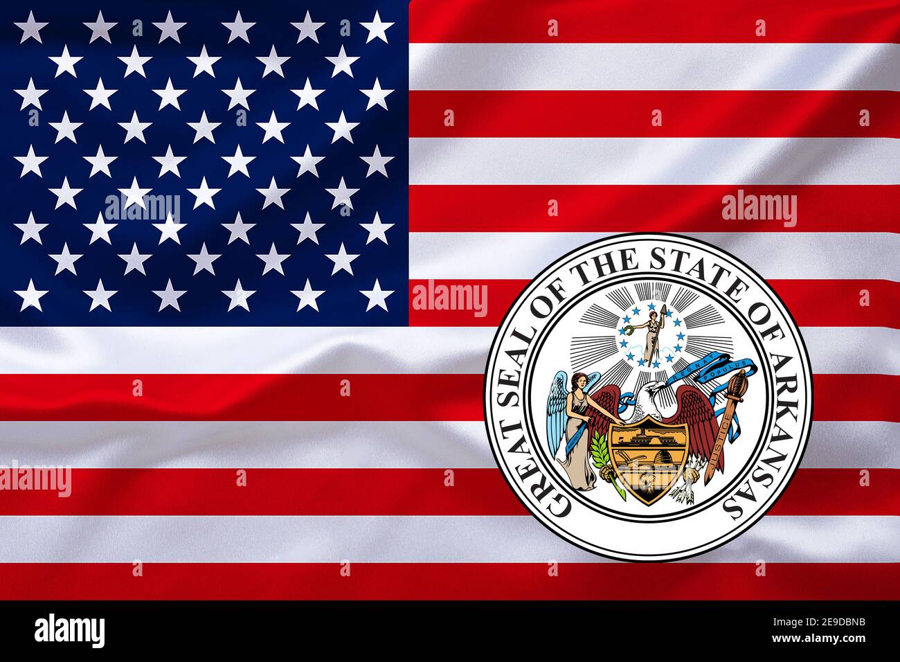 Flagge der USA mit dem Emblem von Arkansas, USA, Arkansas Stockfoto