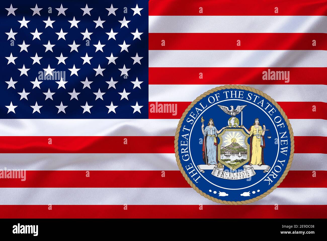 Flagge der USA mit dem Emblem von New York, USA, New York (Staat) Stockfoto