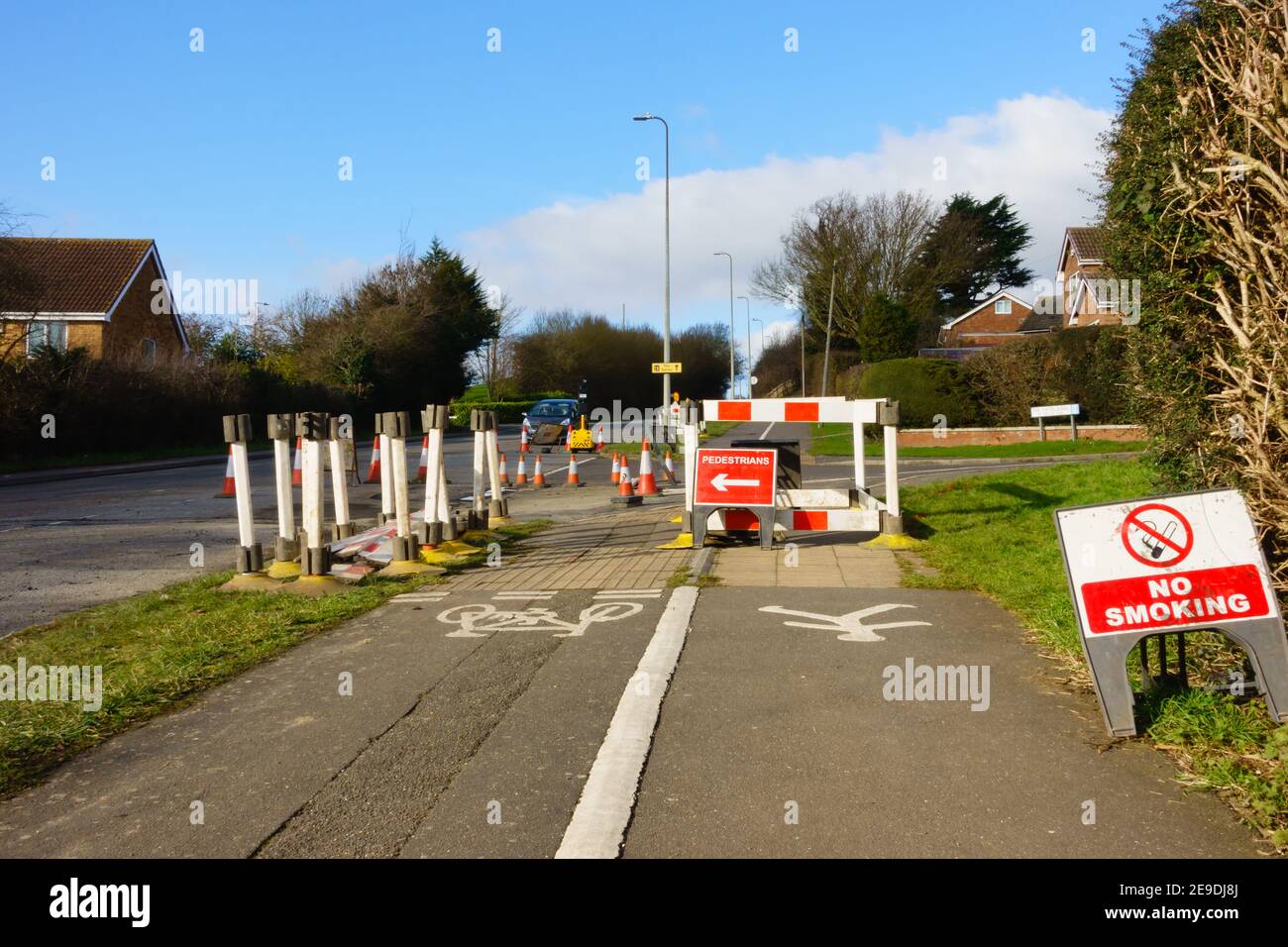 Baustelle Störung auf einem Fußweg. Grantham, Lincolnshire, England. Stockfoto