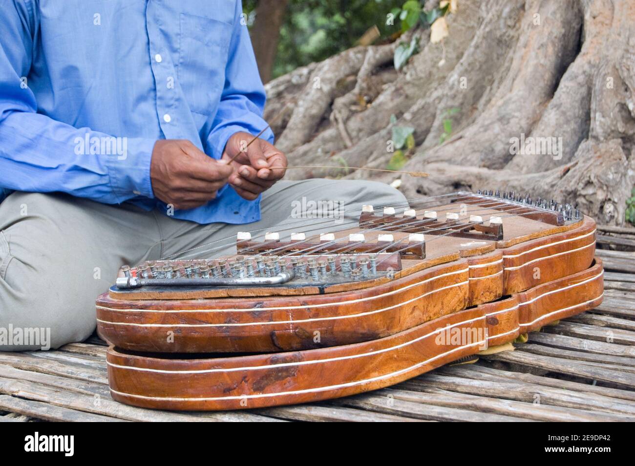 Nahaufnahme eines kambodschanischen Musikers, der ein traditionelles khim-Musikinstrument spielt. Ein Hackbrett, oder Zither, Stil des Instruments hat es Messing strin Stockfoto