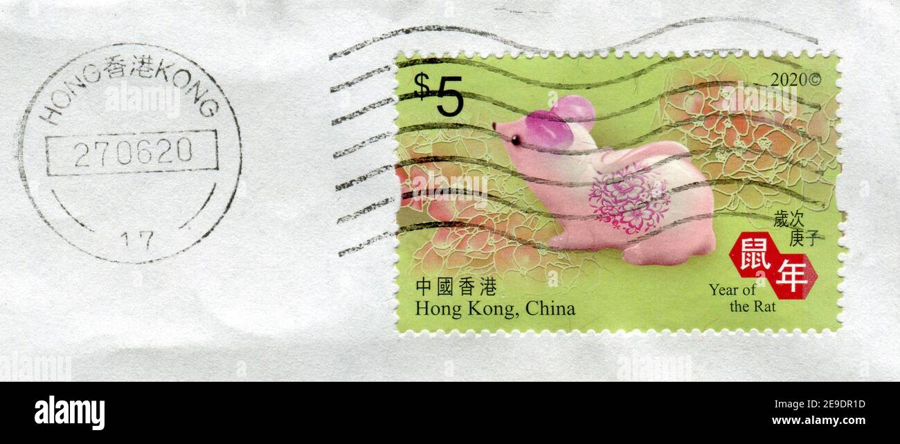 GOMEL, WEISSRUSSLAND, 27. JUNI 2020, Briefmarke gedruckt in HONG KONG, China zeigt Bild des Jahres der Ratte, um 2020. Stockfoto