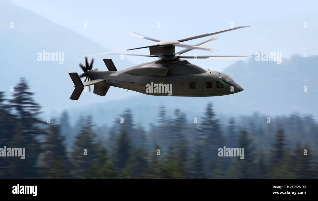 Handout Foto - Sikorsky, eine Lockheed Martin Company und Boeing am 25. Januar 2021 veröffentlichten Details seines neuen Hubschrauberangebots - genannt Defiant X - für die zukünftige Langstreckenflugzeuge (FLRAA) der US Army. DEFIANT X ist ein komplettes Waffensystem, das auf den Handlingqualitäten und Transformationsfähigkeiten aufbaut, die durch den Technologiedemonstrator SB>1 DEFIANT des Teams bewiesen wurden. Es wird Besatzungen ermöglichen, tief und schnell durch komplexes Gelände zu fliegen, schnell zu landen, Soldaten und Ausrüstung in das Zielgebiet (als "das X" bezeichnet) und raus zu liefern, sagte das Unternehmen in einem Statem Stockfoto