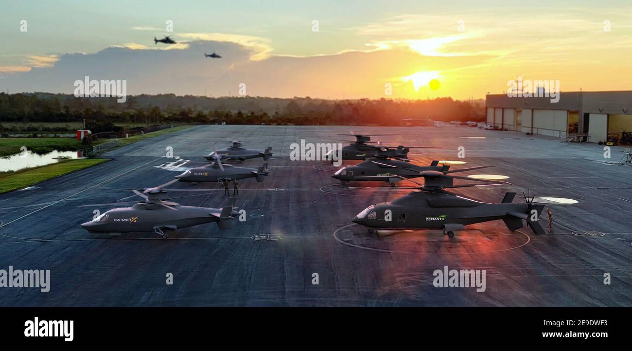 Handout Foto - Sikorsky, eine Lockheed Martin Company und Boeing am 25. Januar 2021 veröffentlichten Details seines neuen Hubschrauberangebots - genannt Defiant X - für die zukünftige Langstreckenflugzeuge (FLRAA) der US Army. DEFIANT X ist ein komplettes Waffensystem, das auf den Handlingqualitäten und Transformationsfähigkeiten aufbaut, die durch den Technologiedemonstrator SB>1 DEFIANT des Teams bewiesen wurden. Es wird Besatzungen ermöglichen, tief und schnell durch komplexes Gelände zu fliegen, schnell zu landen, Soldaten und Ausrüstung in das Zielgebiet (als "das X" bezeichnet) und raus zu liefern, sagte das Unternehmen in einem Statem Stockfoto