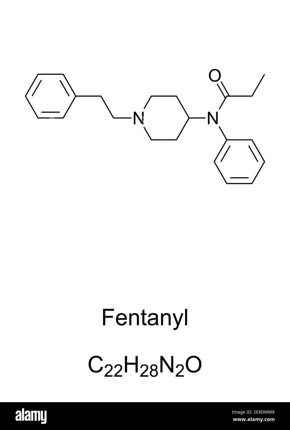 Fentanyl, chemische Formel und Skelettstruktur. Am häufigsten verwendete synthetische Opioide in der Medizin als Schmerzmittel und für die Anästhesie. Stockfoto