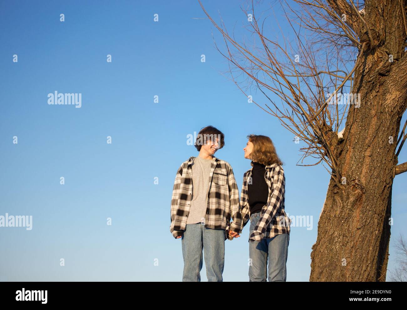 Fröhliches Teenager Mädchen und Junge etwa 16-17 Jahre alt, in karierten Hemden, Jeans, stehen nebeneinander gegen blauen Himmel, lachen fröhlich, Blick auf e Stockfoto