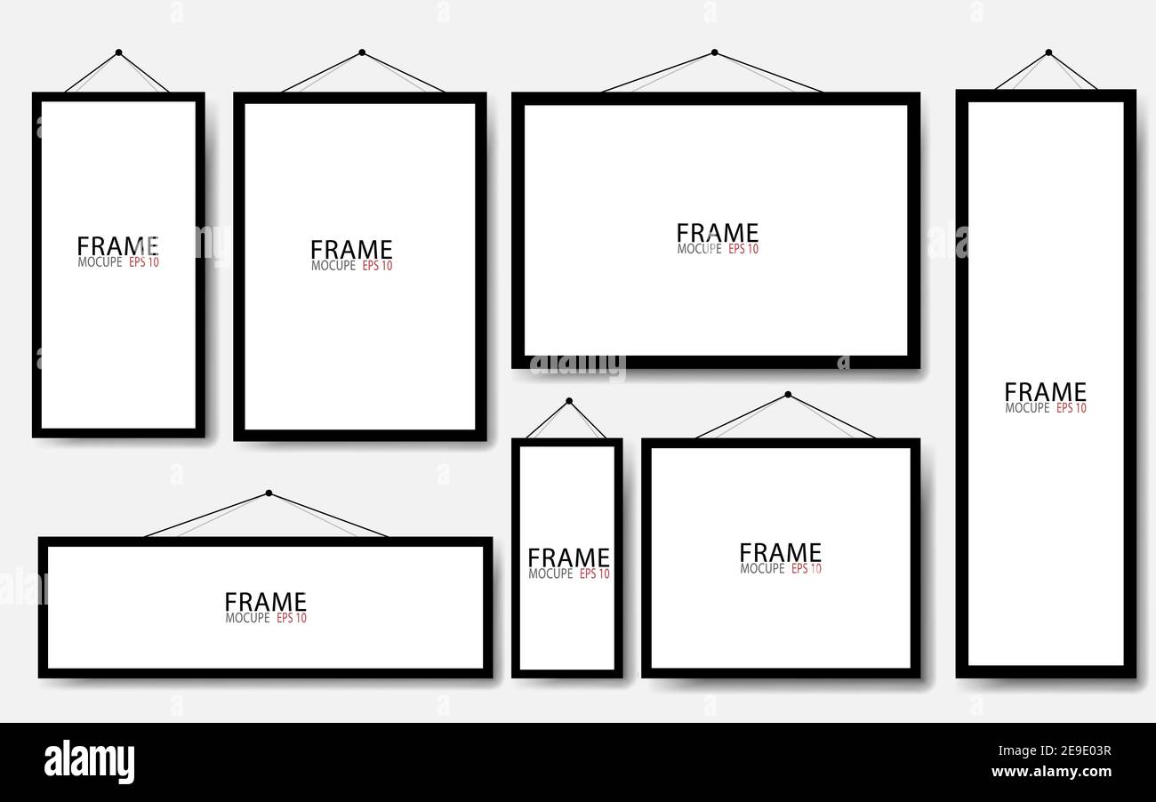 Realistische hängen an einer Wand leere schwarze Bilderrahmen Sammlung. Modernes Poster-Modell. Leerer Bilderrahmen. Vektorgrafik. Stock Vektor