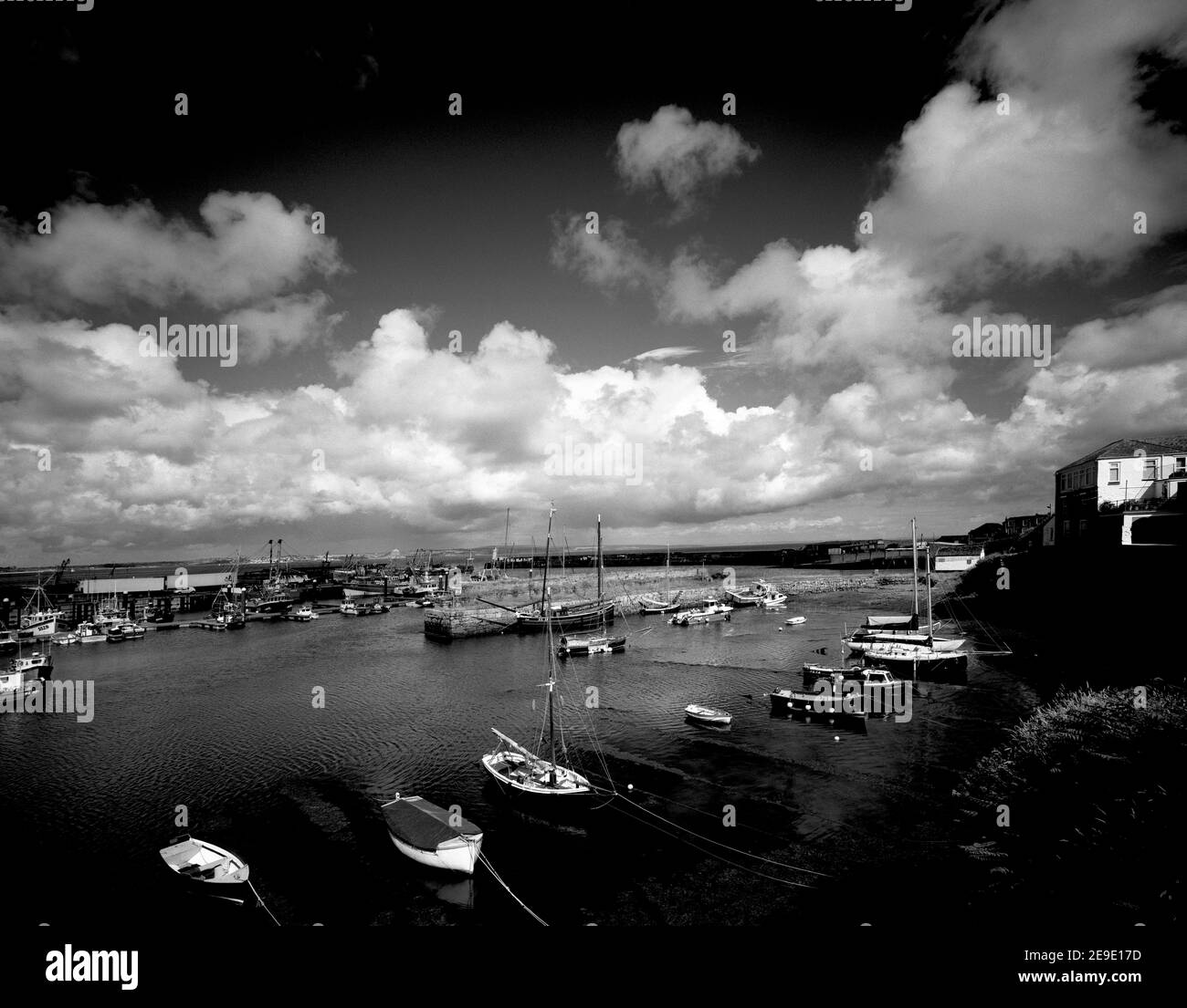 Black and White, Newlyn Harbour, Cornwall, England mit Fischerbooten Stockfoto