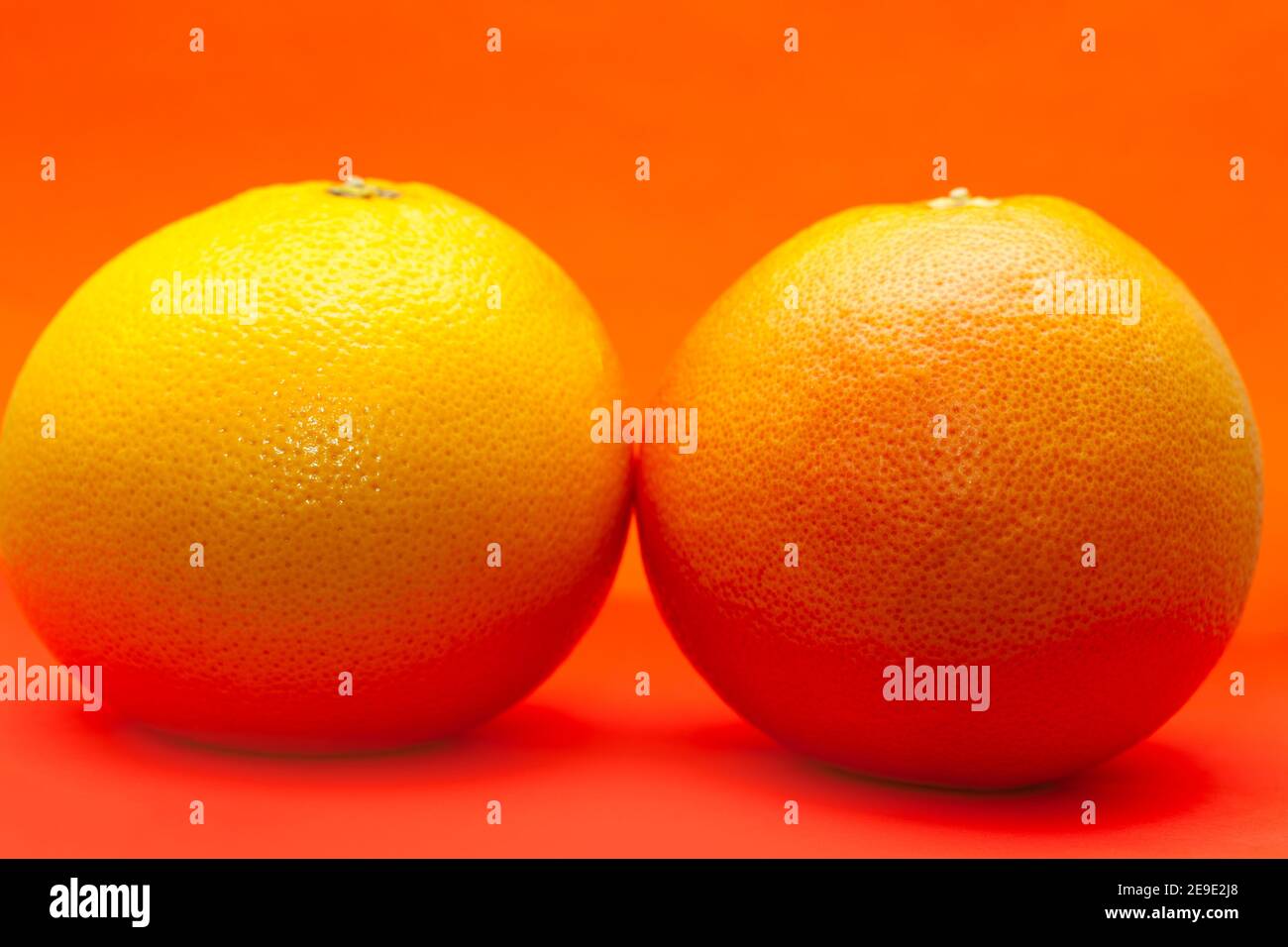 Zwei frische Grapefruits auf dem roten Hintergrund Stockfoto