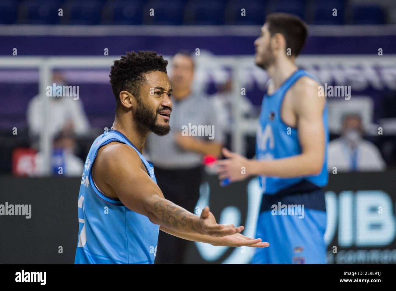 John Roberson während Casademont Zaragoza Sieg über Movistar Estudiantes 73 - 79 in Liga Endesa regulären Saison Spiel (Tag 19) gefeiert in Madrid, Spanien im Wizink Center am 3. Februar 2021. (Foto von Juan Carlos García Mate/Pacific Press/Sipa USA) Stockfoto