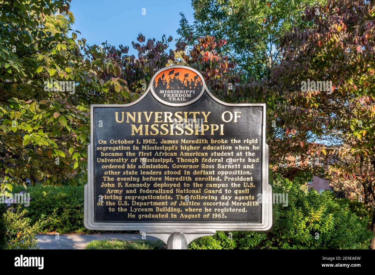 Mississippi Freedom Trail Schild an der Universität von Mississippi, Ole Mississippi. Stockfoto