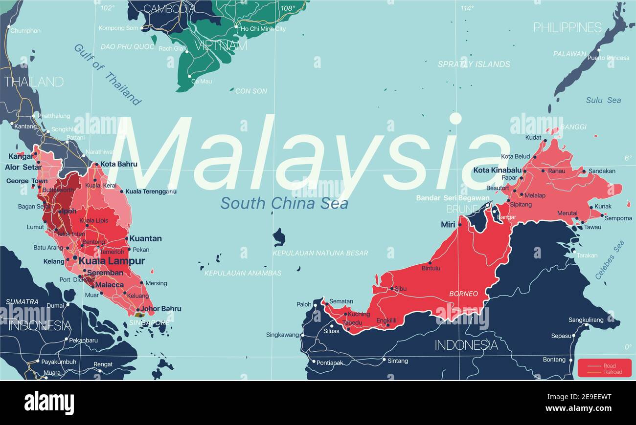 Malaysia Land detaillierte editierbare Karte mit Regionen Städte und Städte, Straßen und Eisenbahnen, geografische Standorte. Vector EPS-10-Datei Stock Vektor