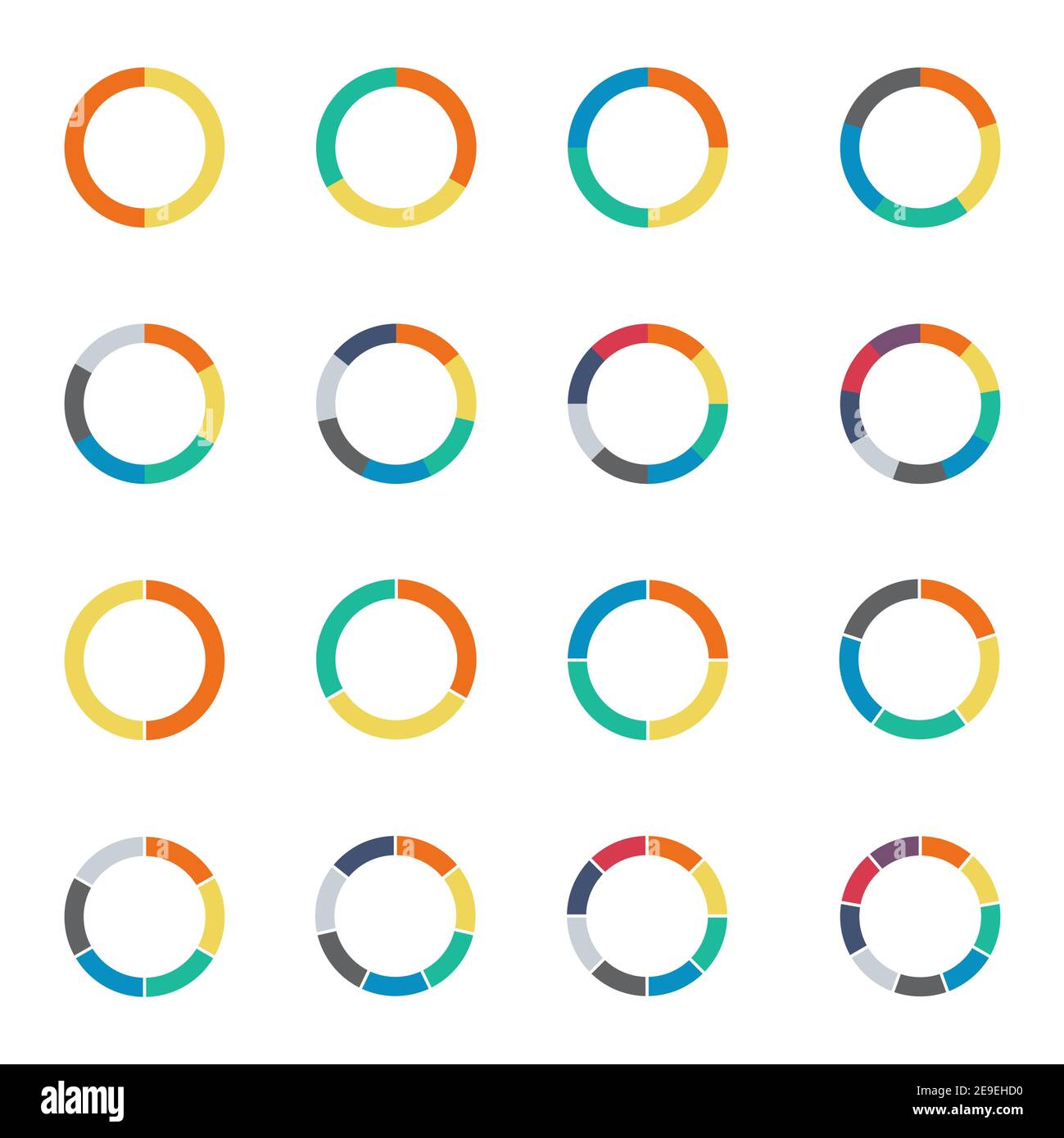 Infografik Kreisdiagramm Set. Zyklus Sammlung - 2,3,4,5,6,7 und 8 Abschnitt. Vektor auf weißem Hintergrund isoliert. Stock Vektor