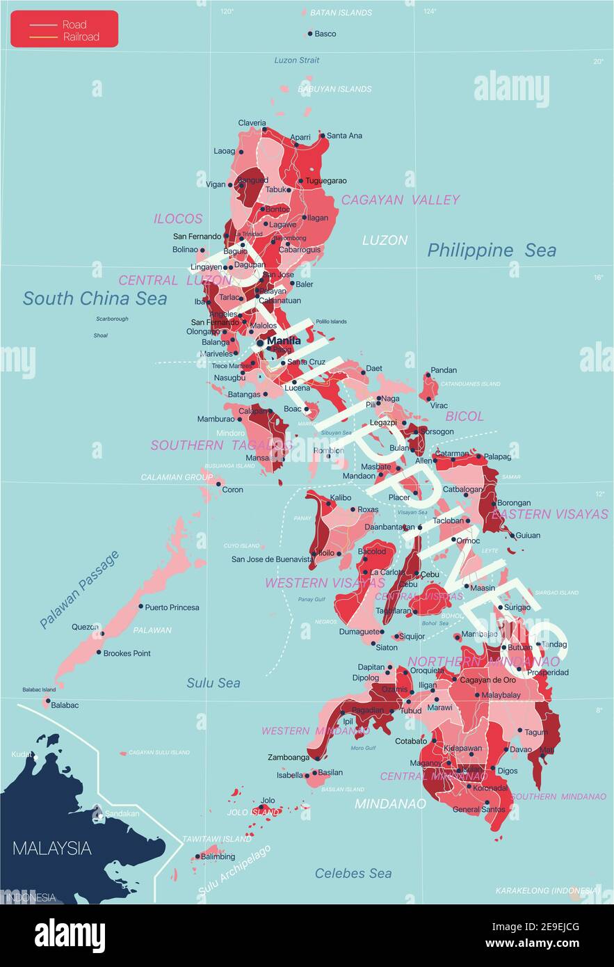 Philippinen Detaillierte editierbare Karte mit Regionen Städte und Städte, Straßen und Eisenbahnen, geografische Standorte. Vector EPS-10-Datei Stock Vektor