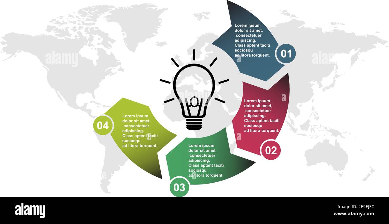 4-Schritt-Vektor-Element in vier Farben mit Etiketten, Infografik-Diagramm. Business-Konzept von 4 Schritten oder Optionen mit Glühbirne . Stock Vektor