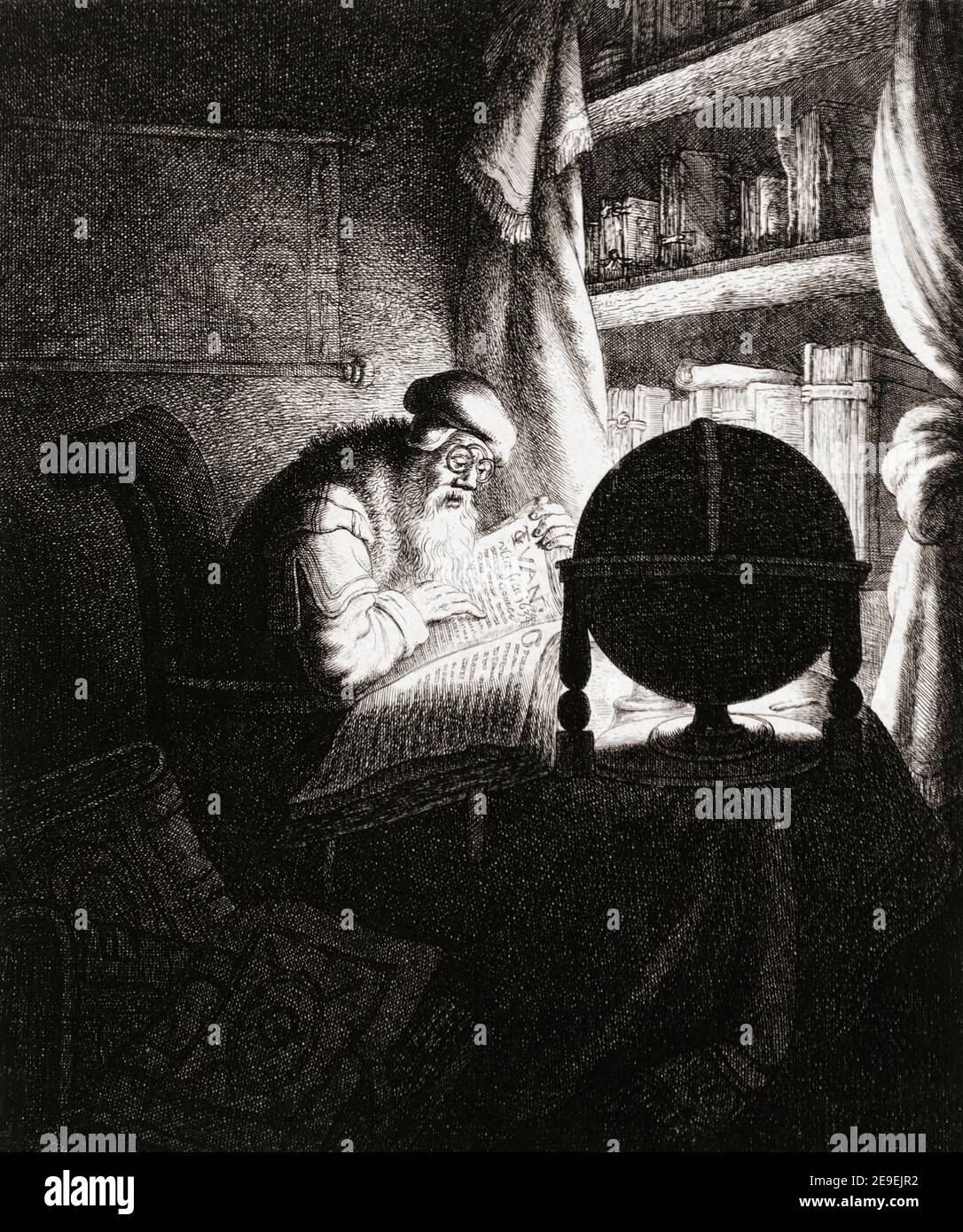 Alter Mann in seinem Studium Lesung mit Hilfe von Brillen. Nach einem Werk aus dem frühen 17th. Jahrhundert von Jan Gillisz van Vliet . Stockfoto