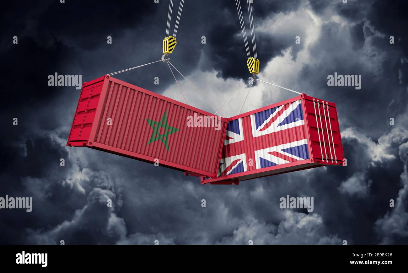Handelsabkommen zwischen Großbritannien und Marokko. Zusammenprallen von Frachtcontainern. 3D Rendern Stockfoto