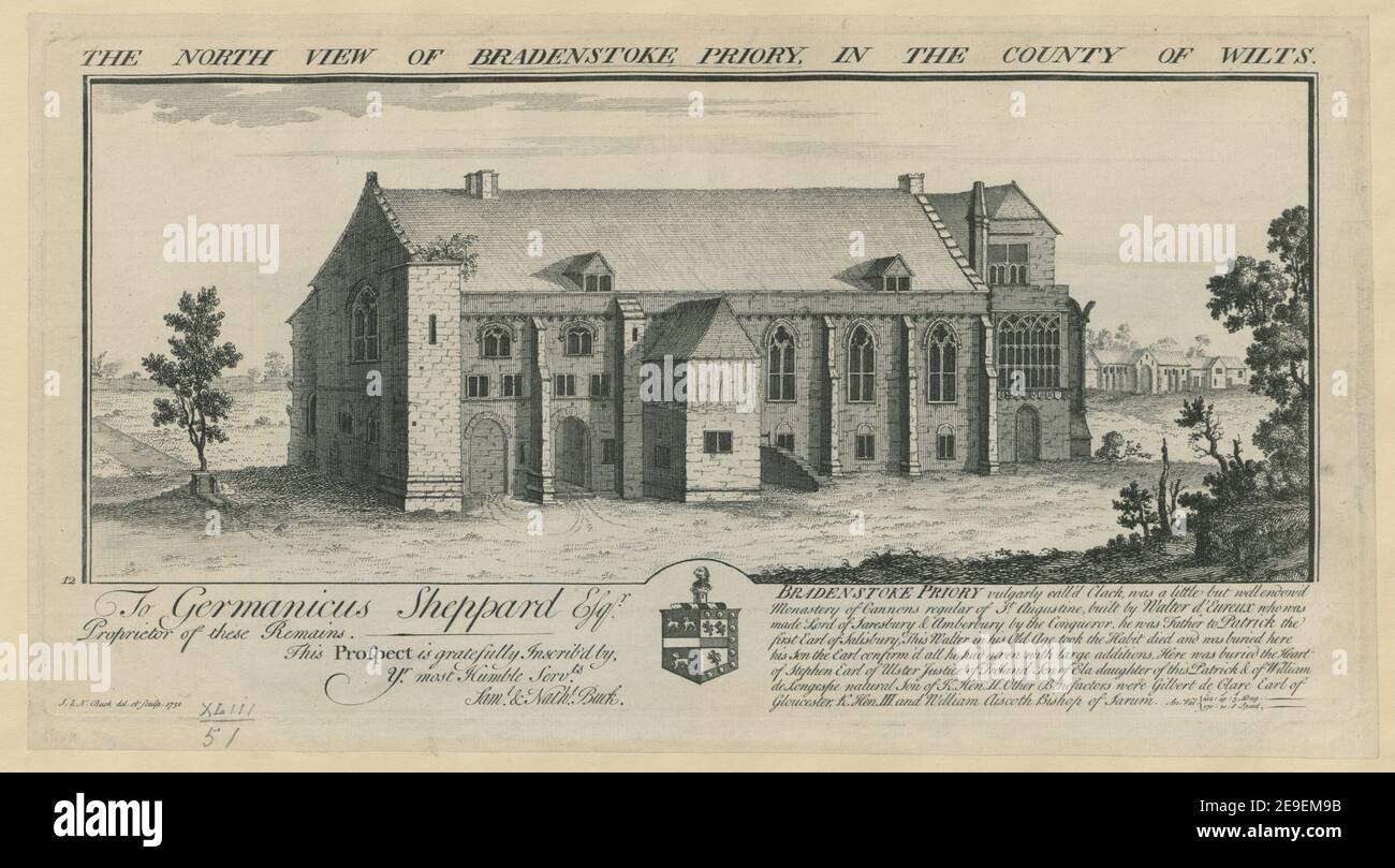 NORDANSICHT DES PRIORATS BRADENSTOKE, IM LANDKREIS WILTS. Autor Buck, Samuel 43,51. Erscheinungsort: [England] Verlag: [Samuel and Nathaniel Buck] Erscheinungsdatum: [1732] Objekttyp: 1 Druckmedium: Radierung Maße: Plattenmark 19,3 x 37,5 cm, auf Blatt 20,7 x 38,2 cm. Ehemaliger Besitzer: George III., König von Großbritannien, 1738-1820 Stockfoto