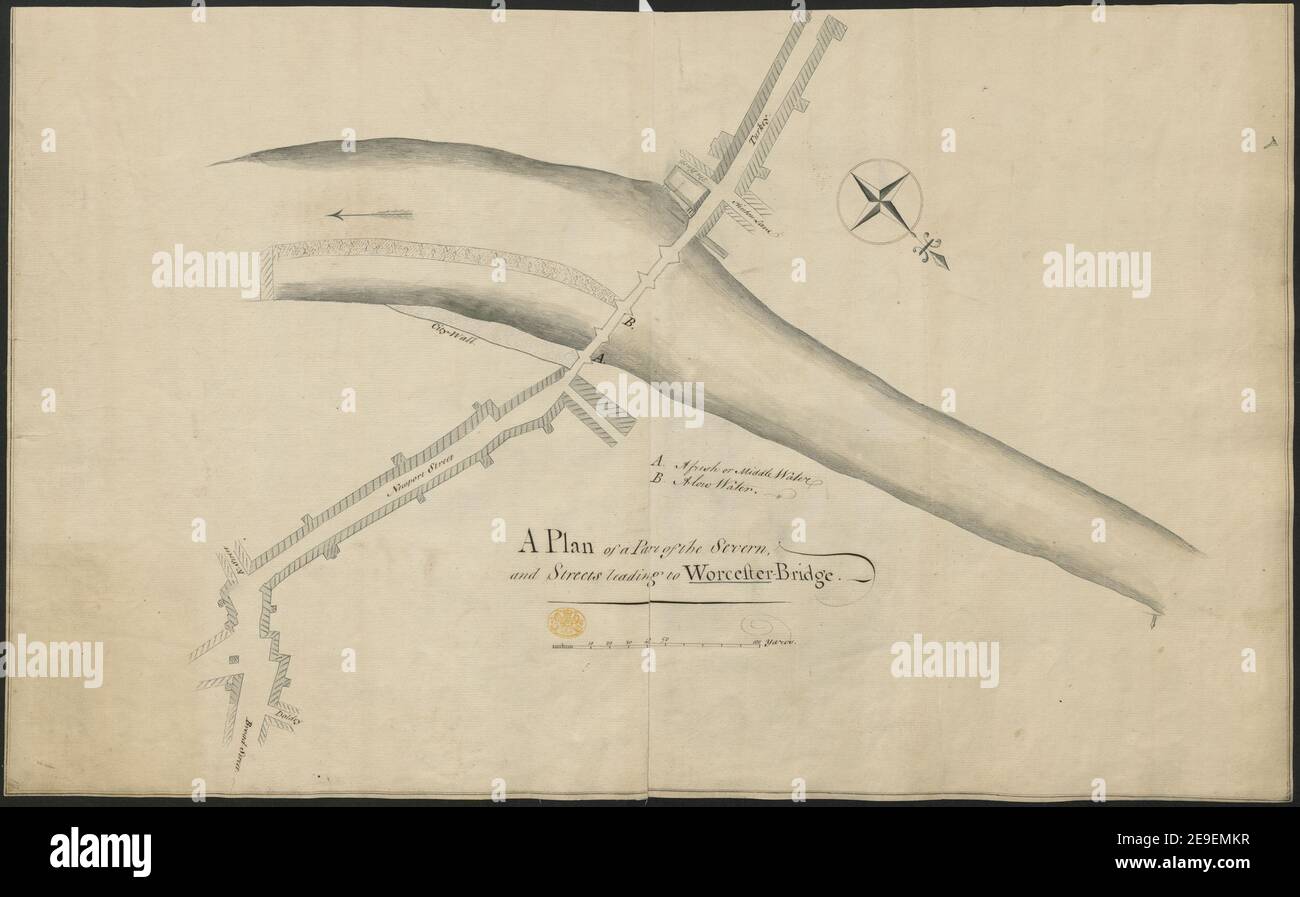 Ein Plan eines Teils der Severn und Straßen, die zur Worcester Bridge führen. Autor Gwynn, John 43,67.x. Veröffentlichungsdatum: [Um 1771-1780] Artikeltyp: 1 Zeichnung Medium: Pen and black ink with monochrome wash over Pencil Maße: Sheet 30,5 x 94,6 cm Ex-Besitzer: George III, King of Great Britain, 1738-1820 Stockfoto