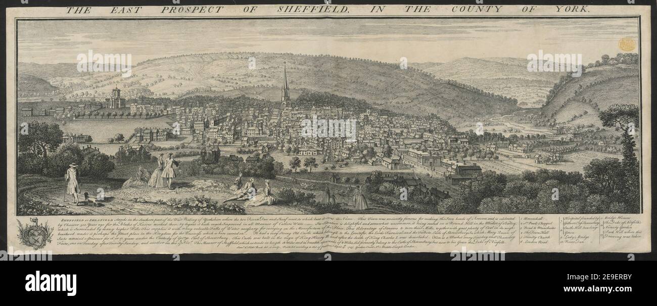 DER OSTEN AUSSICHT VON SHEFFIELD, IN DER GRAFSCHAFT VON YORK. Autor Buck, Samuel 44,49.a. Ort der Veröffentlichung: [London] Verlag: Veröffentlichung gemäß Gesetz des Parlamentsprils.t 15. April 1745. Garden Court, Nr. 1 Middle Temple London., Erscheinungsdatum: [1745] Objekttyp: 1 Druckmedium: Radierung und Gravur Maße: Blatt 30,6 x 79,6 cm. Ehemaliger Besitzer: George III., König von Großbritannien, 1738-1820 Stockfoto