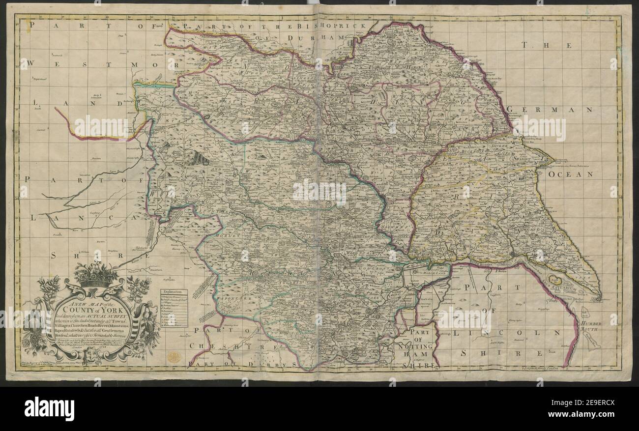 Eine NEUE KARTE der GRAFSCHAFT YORK Karteninformation: Titel: Eine NEUE KARTE der GRAFSCHAFT YORK ; 44,5. Erscheinungsort: [London] Verlag: Gedruckt für und verkauft von Phil. Overton, Print, Map Seller at Ye Golden-Buck next The Mitre Tavern in Fleet Street, und Tho. Bowles Print , Map Seller, next Ye Chapter House in St. Paul's Church Yard London, Erscheinungsdatum: 1728. Objekttyp: 1 Karte Medium: Kupferstich mit handkolorierten Abgrenzungen Maße: 52,7 x 91,5 cm ehemaliger Besitzer: George III, König von Großbritannien, 1738-1820 Stockfoto