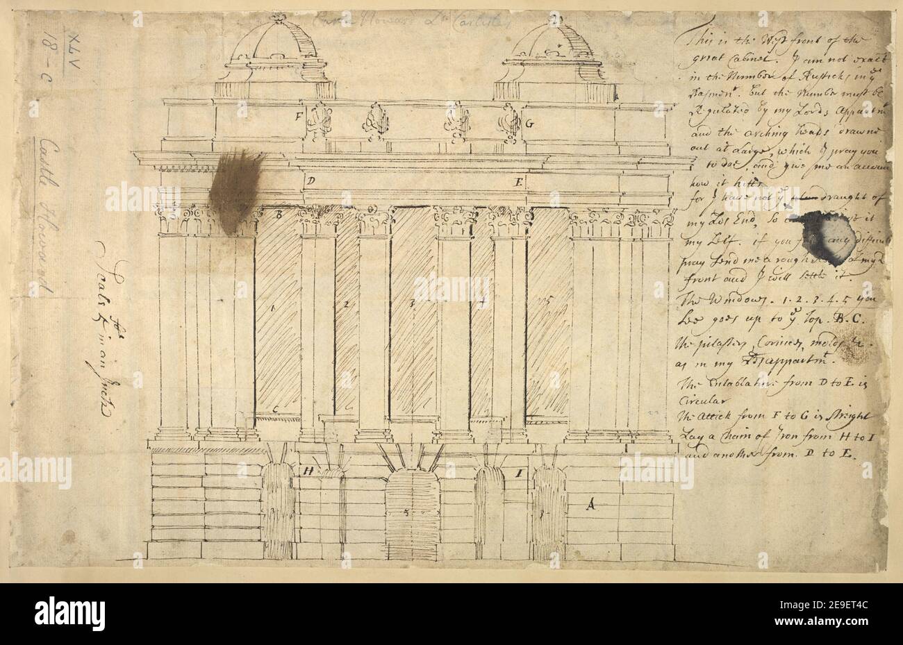 Die Westfront des großen Kabinetts Schloss Howard . Autor Hawksmoor, Nicholas 45,18.c. Erscheinungsdatum: [Um 1700-1736] Objekttyp: 1 Zeichnung Medium: Feder und braune Tinte Maße: Blatt 23,8 x 37,6 cm ehemaliger Besitzer: George III., König von Großbritannien, 1738-1820 Stockfoto