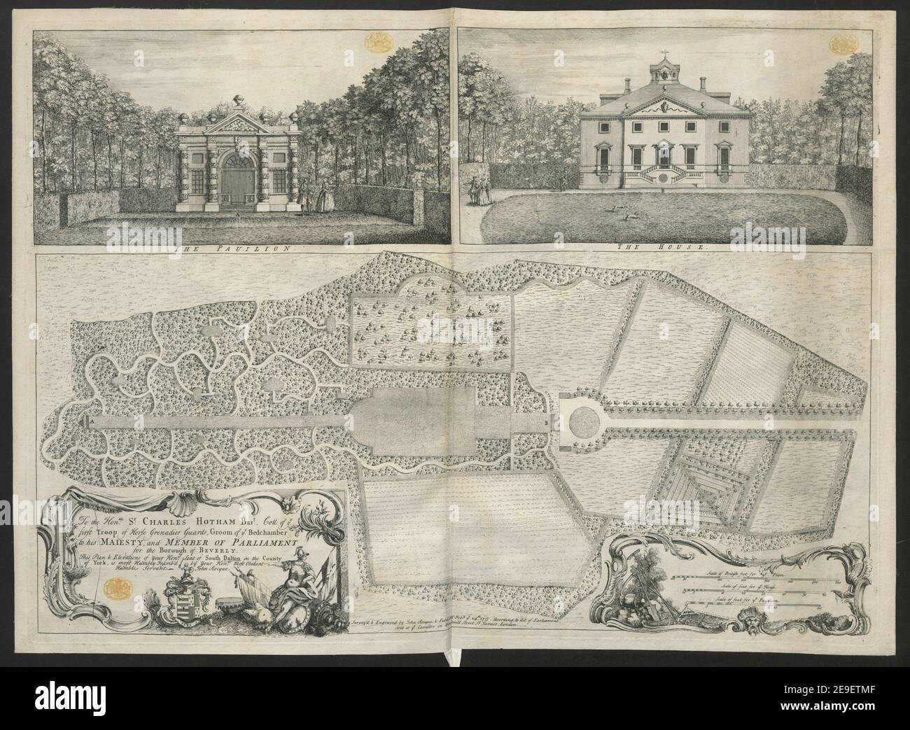 An den Hon.ble St. Charles Hotham Bar.t Coll. Von Ye. Erste Truppe von Horse Grenadier Wachen, Groom von Ye. Schlafkammer an seine Majestät und Mitglied des Parlaments für den Bezirk Beverly. Dieser Plan & Elevations of You Autor Rocque, John 45,20.1. Ort der Veröffentlichung: [London] Verlag: , Publish'd Feb.y Ye. 24. 1737. Gemäß Gesetz des Parlaments. Verkauft bei Ye. Canister in Windmill Street St. James's London., Erscheinungsdatum: [1737] Objekttyp: 1 Druckmedium: Radierung Maße: Platemark 46,8 x 63,8 cm Ex-Besitzer: George III., King of Great Britai Stockfoto
