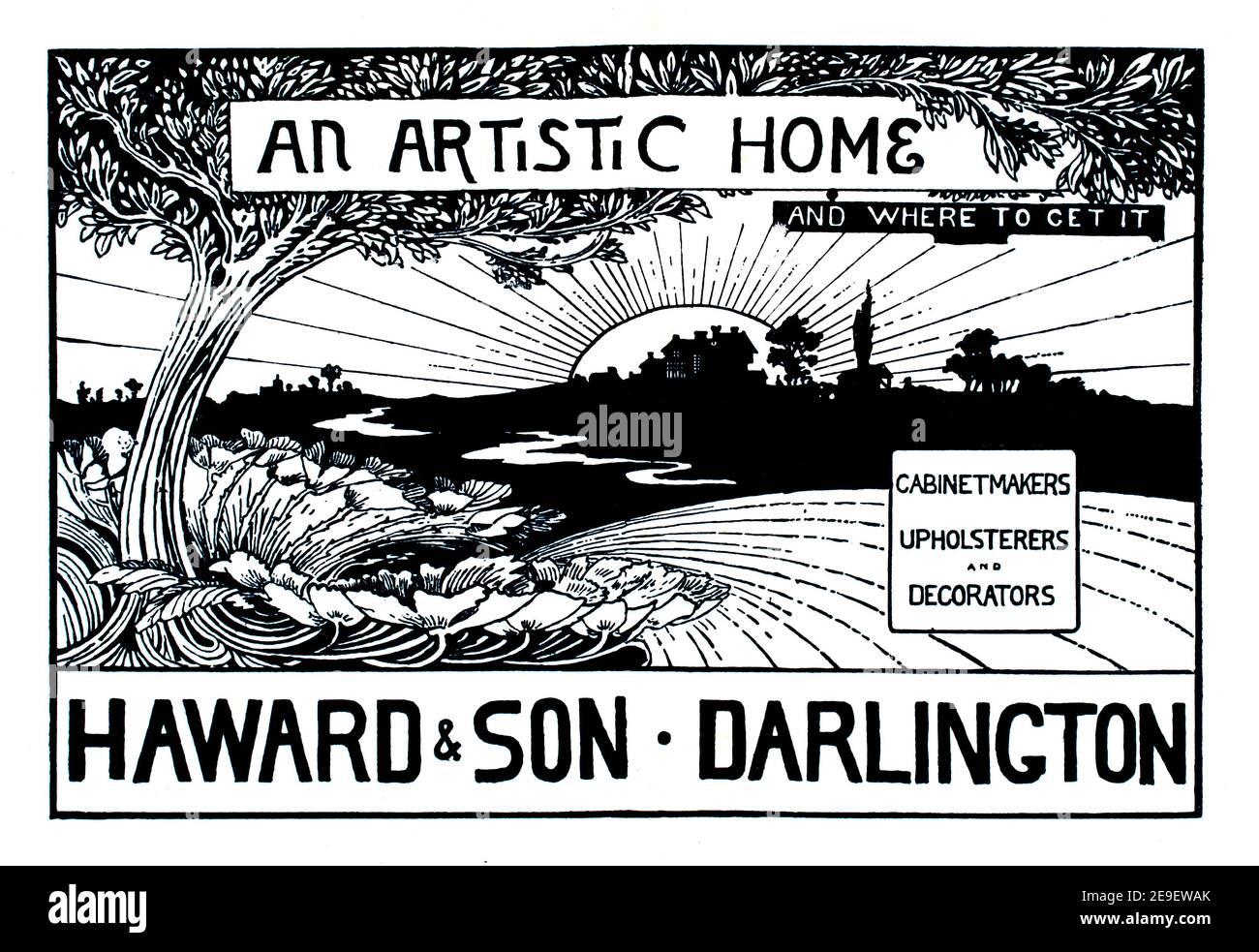 Ein künstlerisches Zuhause und wo man es bekommen kann, Werbeplakat-Design für Haward und Son, Tischler, Polsterer und Dekorateure von Darlington von Arthur Stockfoto