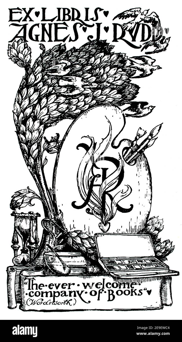 Exlibris Design für die irische Künstlerin Agnes J Rudd Linienillustration von Herbert Warrington Hogg, 1893 Band 1 des Studio an Illustrated Magazine of Stockfoto