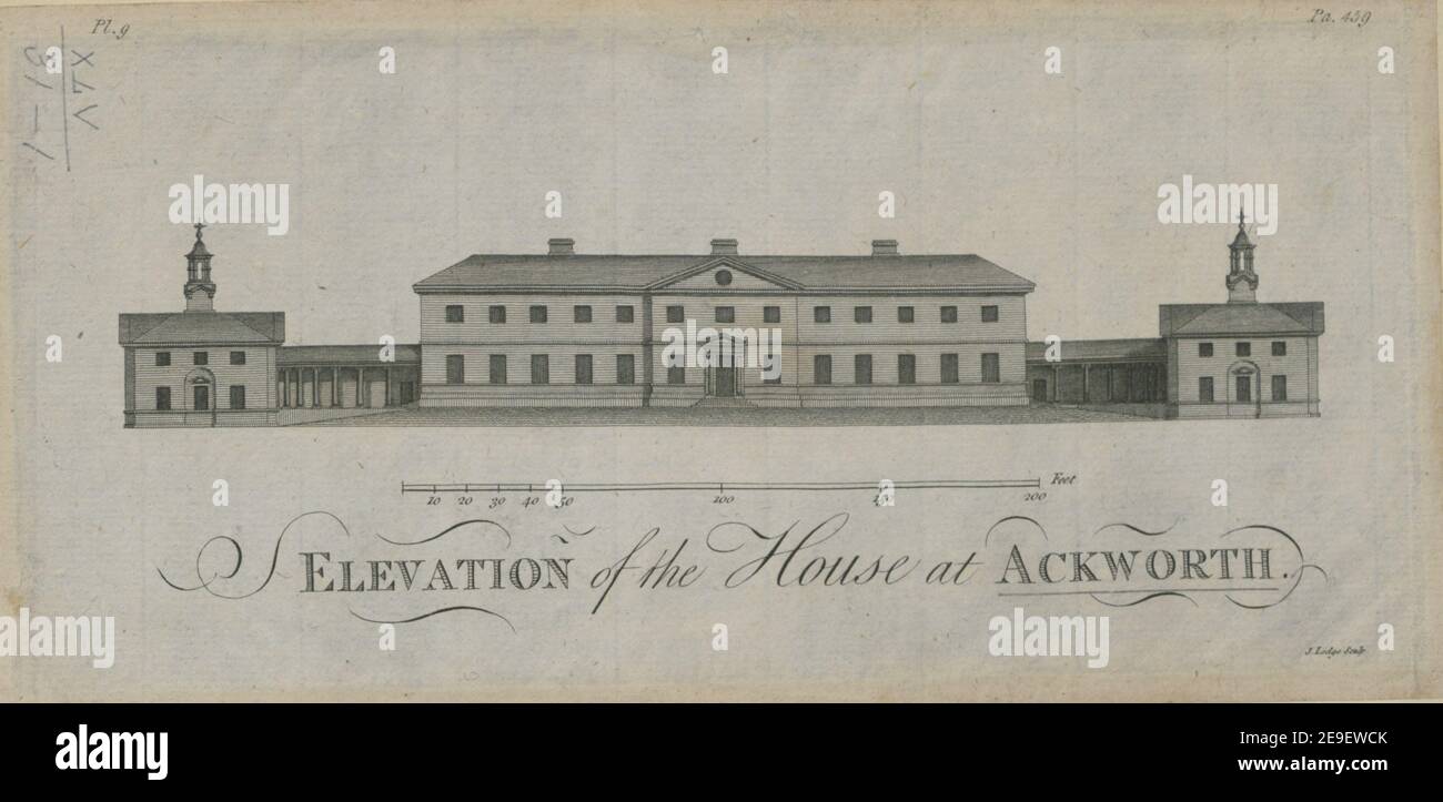 Elevation of the House at Ackworth Author Lodge, John 45,31-1. Erscheinungsort: [London , York] Verlag: [J. Phillips]., Erscheinungsdatum: [1778] Objekttyp: 1 Druckmedium: Radierung Maße: Blatt 12,5 x 26,0 cm [getrimmt innerhalb Plattenmark] ehemaliger Besitzer: George III., König von Großbritannien, 1738-1820 Stockfoto