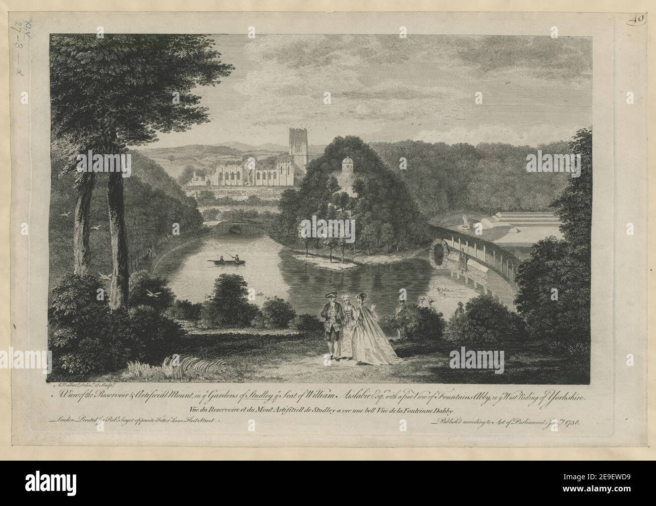 Ein Blick auf den Stausee & Artificial Mount, in Ye Gardens of Studley Ye Sitz von William Aislabie Esq.r mit einem schönen Blick auf Fountains Abbey, in Ye West Riding of Yorkshire. Autor Walker, Anthony 45,27.3.d. Erscheinungsort: London, Verlag: Gedruckt für Rob.t Sayer gegenüber Fetter Lane, Fleet Street. Veröffentlichung nach Gesetz des Parlaments Janry, Datum der Veröffentlichung: 1758. Art des Artikels: 1 Druck Medium: Radierung und Gravur Maße: Platemark 34,0 x 47,1 cm ehemaliger Besitzer: George III, König von Großbritannien, 1738-1820 Stockfoto