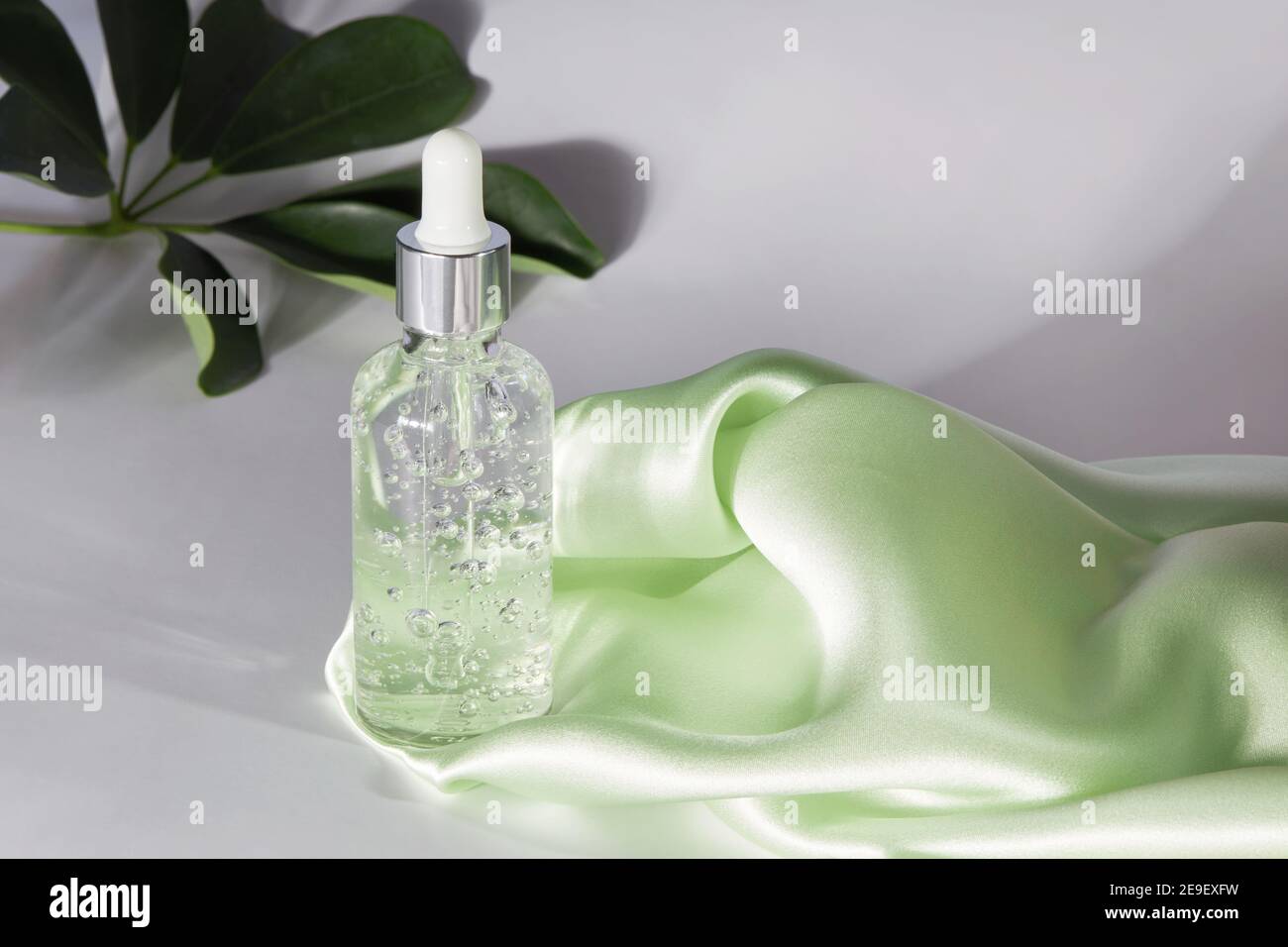 Anti-Aging-Serum mit Kollagen und Peptiden in Glasflasche mit Tropf auf grauem Hintergrund mit grünen Blättern und Seidenstoff. Hautpflege Essenz für Stockfoto