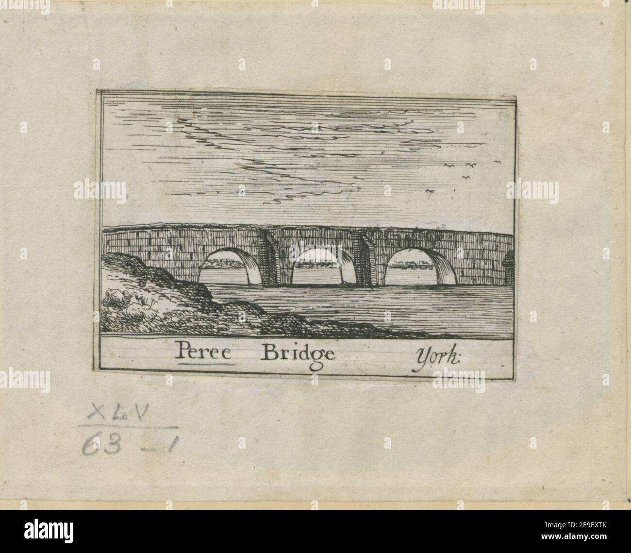 Peree Bridge York. Visual Material information: Titel: Peree Bridge York. 45,63.1. Erscheinungsort: [Unbekannter Verlag] Verlag: [Unbekannter Erscheinungsort] Erscheinungsdatum: [c. 1700] Artikelnummer: 1 Druckmedium: Radierung Maße: Blatt 6,4 x 9,5 cm [im Plattenmark beschnitten] ehemaliger Besitzer: George III., König von Großbritannien, 1738-1820 Stockfoto