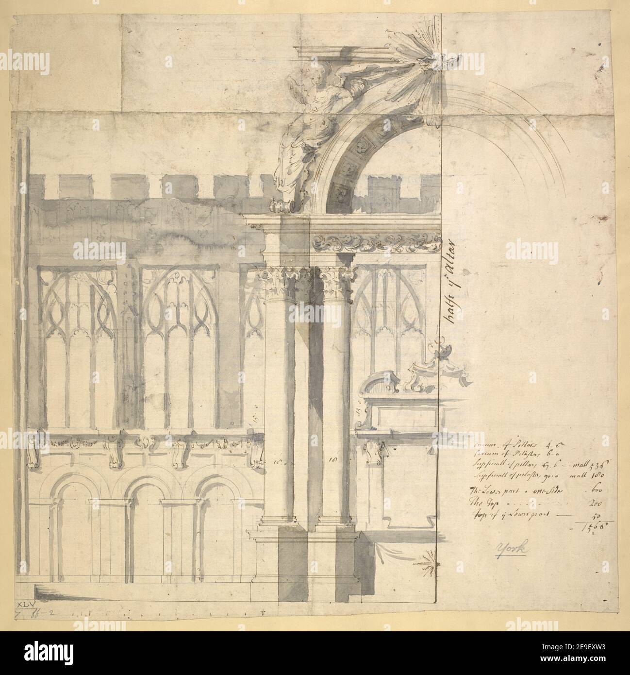 Altar für York von N. Hawksmoor. Autor Hawksmoor, Nicholas 45,7.ff,2. Veröffentlichungsdatum: [Um 1726] Artikeltyp: 1 Zeichnung Medium: Pen and Brown ink with monochrome wash over Pencil Maße: Blatt 44,5 x 44,3 cm Ex-Besitzer: George III, King of Great Britain, 1738-1820 Stockfoto