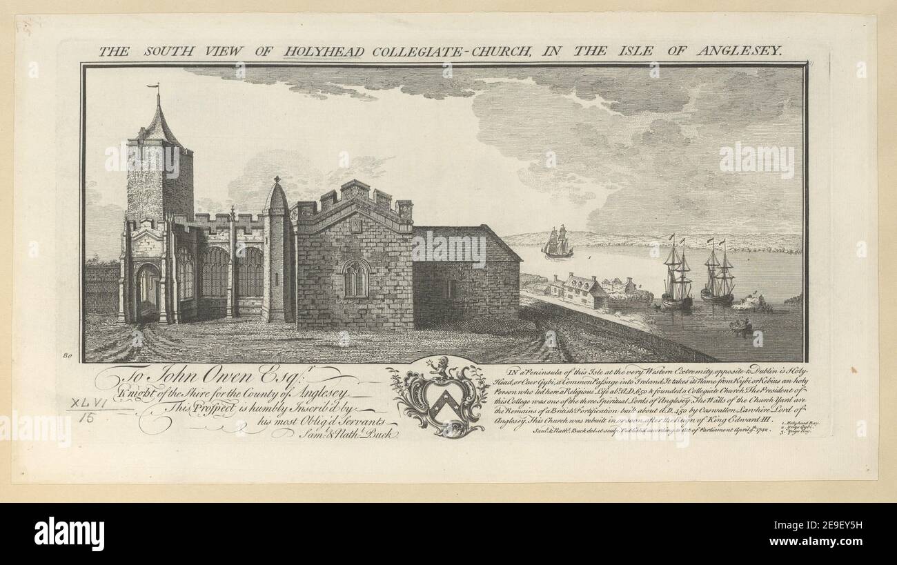 Die Südansicht der Holyhead Collegiate Church, auf der Isle of Anglesey. Autor Buck, Samuel 46,15. Erscheinungsort: [London] Verlag: Veröffentlichung gemäß Gesetz des Parlaments 9. April, Erscheinungsdatum: 1742. Art des Artikels: 1 Druck Medium: Radierung und Gravur Abmessungen: Plattenmark 19,4 x 37,5 cm. Ehemaliger Besitzer: George III., König von Großbritannien, 1738-1820 Stockfoto