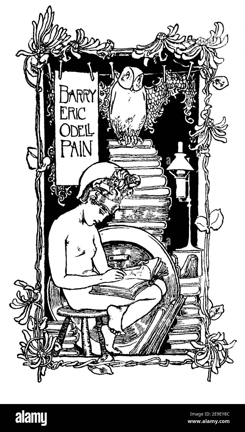Exlibris für den Journalisten und Dichter Barry Eric Odell Pain, Zeilensillustration von R Anning Bell of Ealing, in Initial 1893 Band 1 des Studios an Il Stockfoto