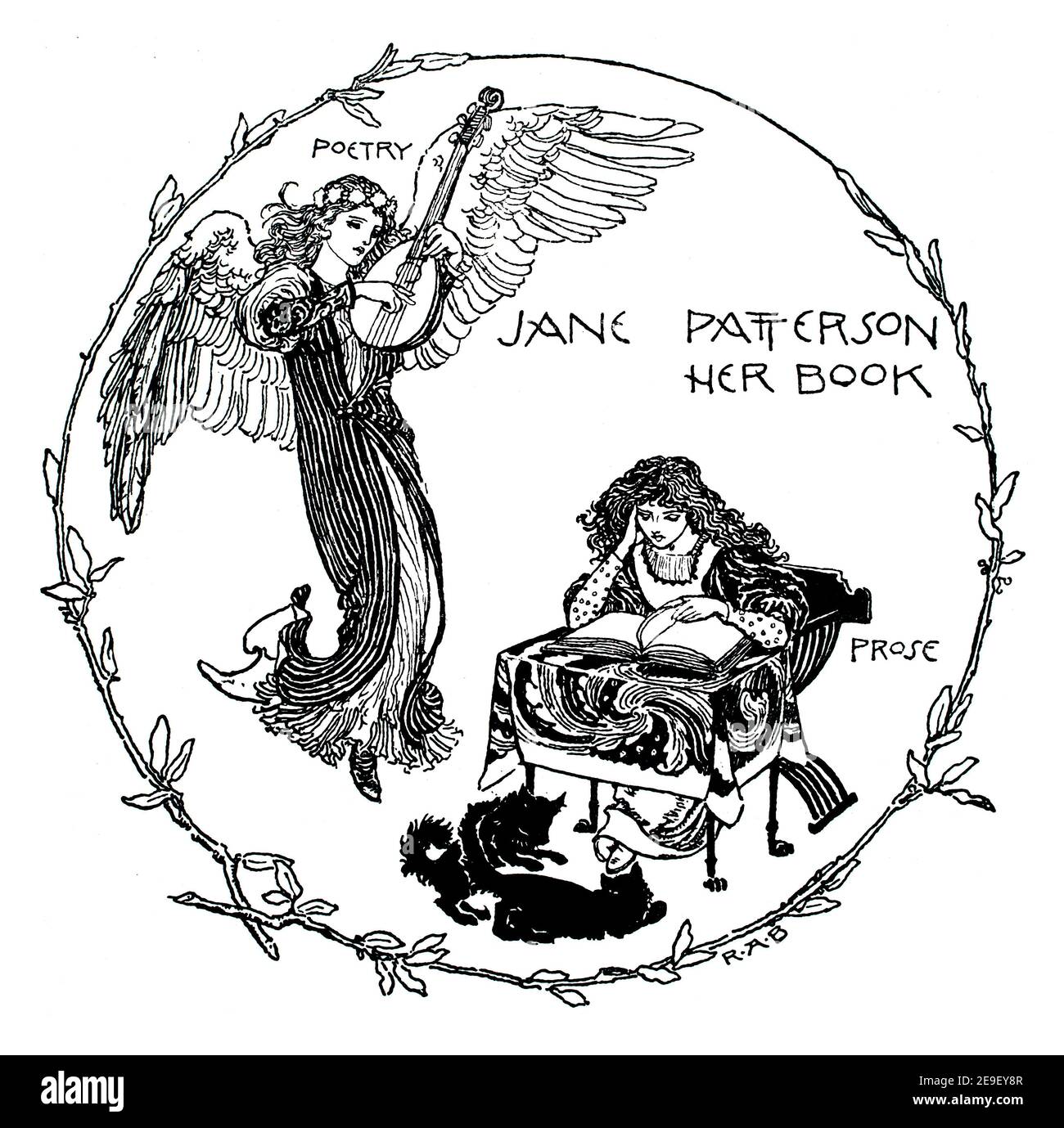Poetry and Prose Bookplate for Jane Paterson, line Illustration by R Anning Bell of Ealing, in initial 1893 Band One of the Studio an Illustrated Ma Stockfoto