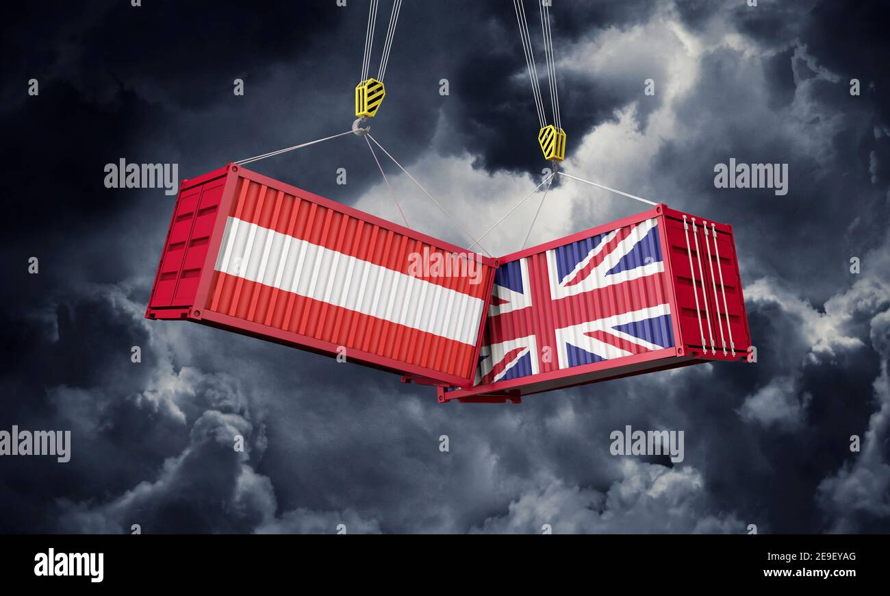 Handelsabkommen zwischen Großbritannien und Österreich. Zusammenprallen von Frachtcontainern. 3D Rendern Stockfoto