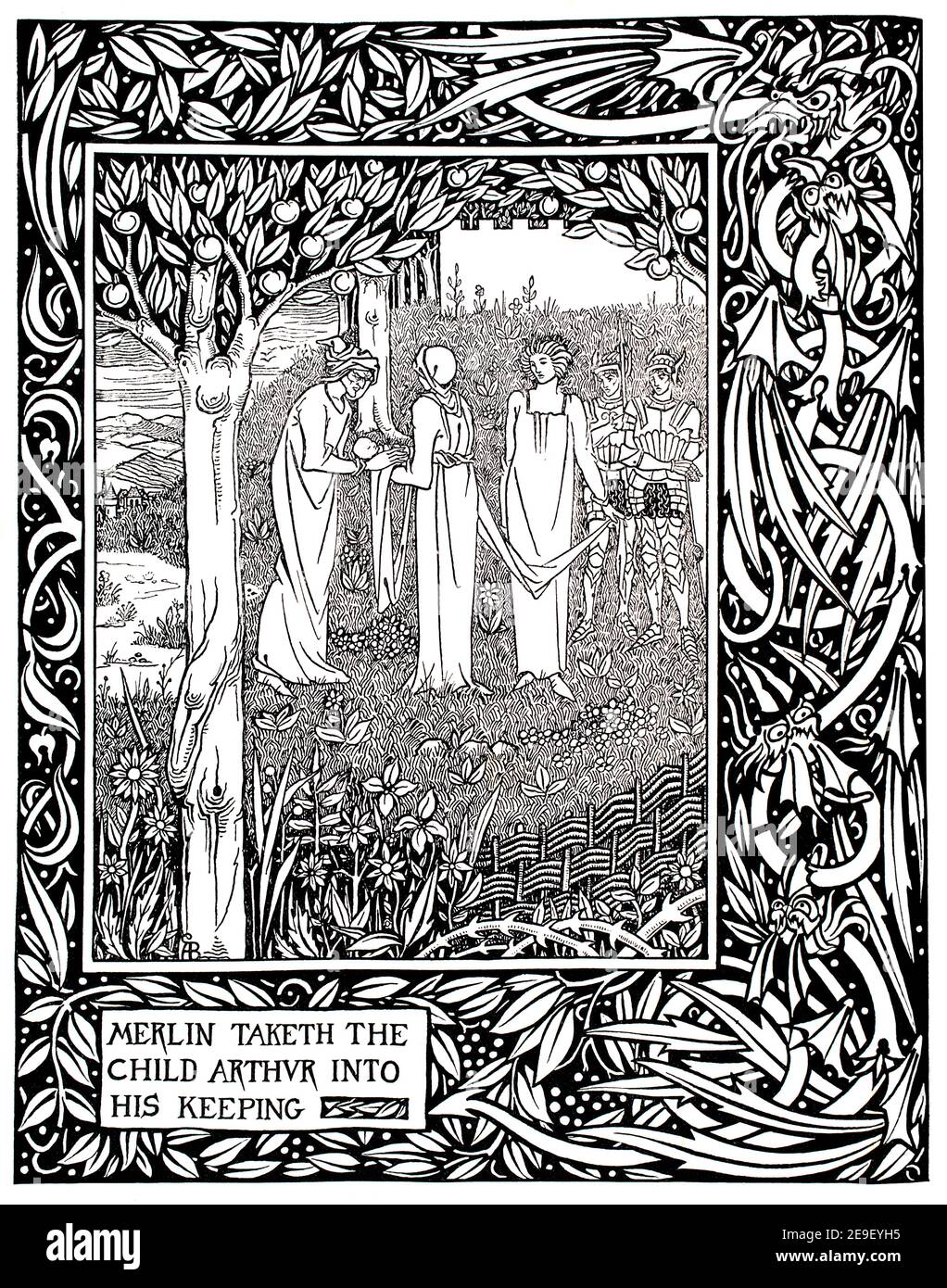 Merlin nimmt das Kind Arthur mit in seine Haltung, aus Dent & Co 1892 Thomas Malorys Morte d’Arthur, Zeichnung in Linie und Wash Design von Aubrey Beard Stockfoto
