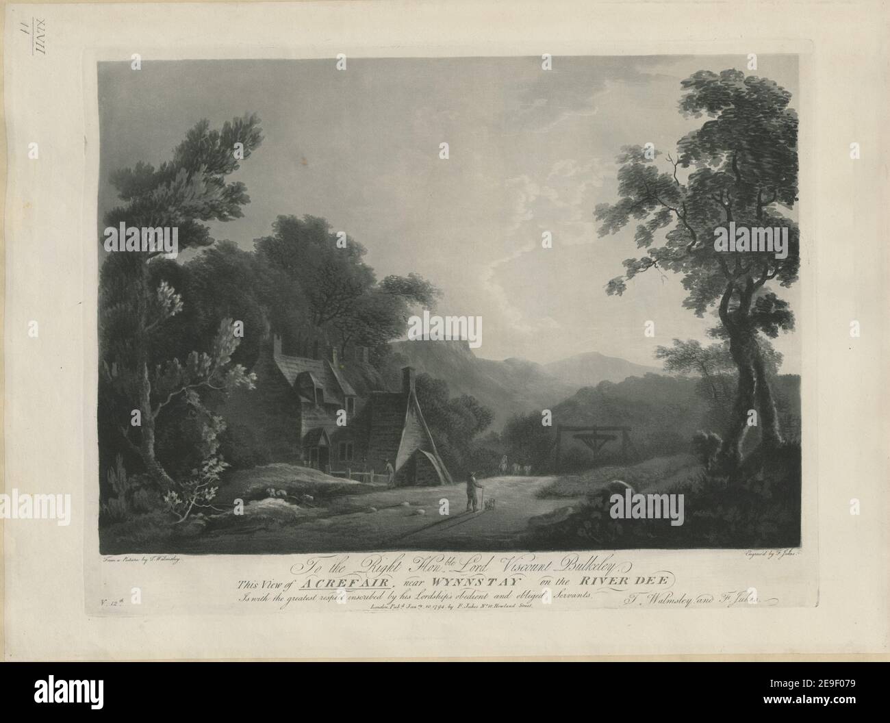 Rechts Hon.ble Lord Viscount Bulkeley, This View of Acrefair, near Wynnstay on the River Dee Autor Jukes, Francis 47,11. Erscheinungsort: London Verlag: Pub.d Jan.ry 10. 1794, von F. Jukes, Nr. 10, Howland Street., Erscheinungsdatum: [1794] Objekttyp: 1 Druckmedium: Radierung und Aquatinta Maße: Platemark 34,6 x 44,4 cm. Ehemaliger Besitzer: George III., König von Großbritannien, 1738-1820 Stockfoto