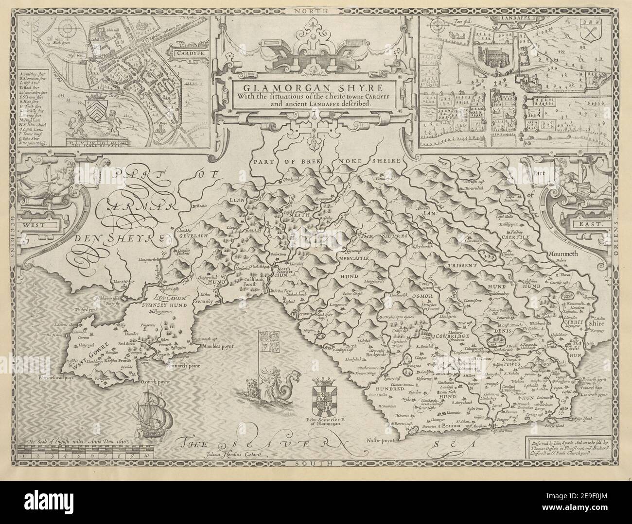 Glamorgan Shyre Autor Speed, John 47,34. Ort der Veröffentlichung: [London] Verlag: [T. Bassett , R. Chiswell] Erscheinungsdatum: [1676] Objekttyp: 1 Karte Medium: Kupferstich Maße: 36,9 x 49,2 cm ehemaliger Besitzer: George III., König von Großbritannien, 1738-1820 Stockfoto