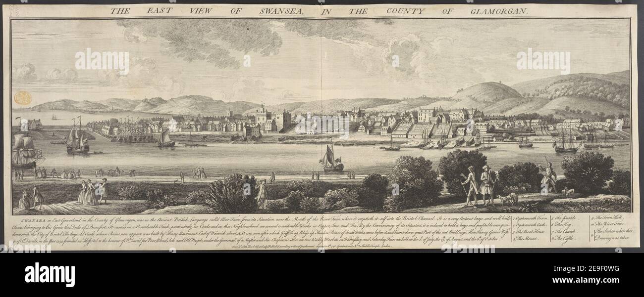 Die Ostansicht von Swansea, in der Grafschaft Glamorgan. Autor Buck, Samuel 47,42.a,2. Ort der Veröffentlichung: [London] Verlag: Veröffentlichung gemäß Gesetz des Parlaments September 8.Th 1748. Garden Court Nr. 1. Middle Temple London., Erscheinungsdatum: [1748] Objekttyp: 1 Druckmedium: Radierung und Gravur Maße: Blatt 30,8 x 79,0 cm [getrimmt innerhalb Plattenmark]. Ehemaliger Besitzer: George III., König von Großbritannien, 1738-1820 Stockfoto