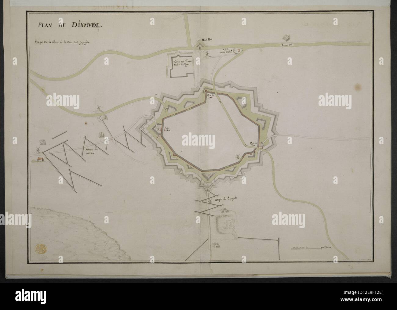 PLAN DE DIXMUDE. Karteninformationen: Titel: PLAN DE DIXMUDE. ; 104,52. Datum der Veröffentlichung: c. 1650. Objekttyp: 1 Karte auf 2 Blatt Medium: Feder und Tinte mit farbiger Wäsche Maße: 43,2 x 59,0 cm ehemaliger Besitzer: George III., König von Großbritannien, 1738-1820 Stockfoto