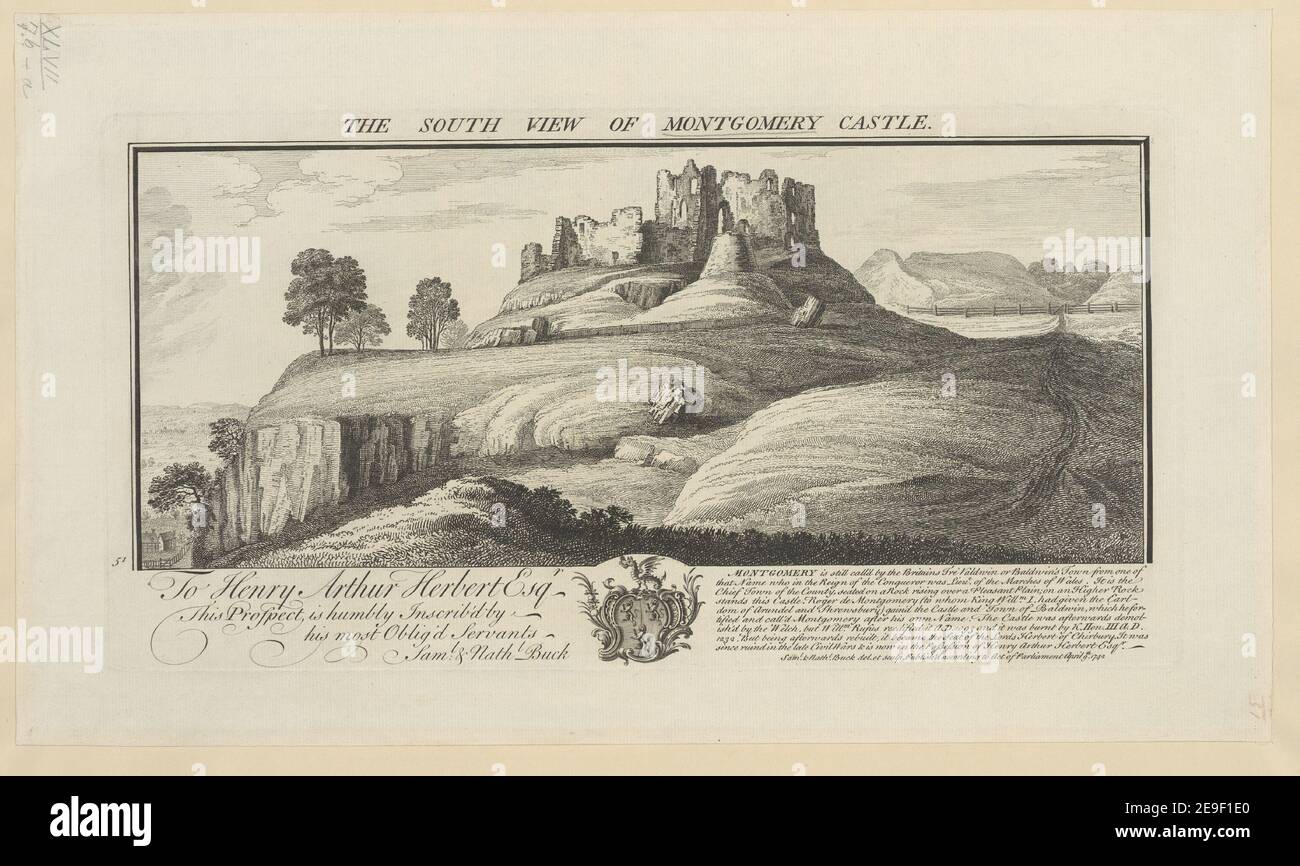 Die Südansicht von Montgomery Castle. Autor Buck, Samuel 47,76.a. Ort der Veröffentlichung: [London] Verlag: Veröffentlichung gemäß Gesetz des Parlaments am 9. April, Erscheinungsdatum: 1742. Art des Artikels: 1 Druck Medium: Radierung und Gravur Abmessungen: Plattenmark 19,2 x 36,4 cm. Ehemaliger Besitzer: George III., König von Großbritannien, 1738-1820 Stockfoto