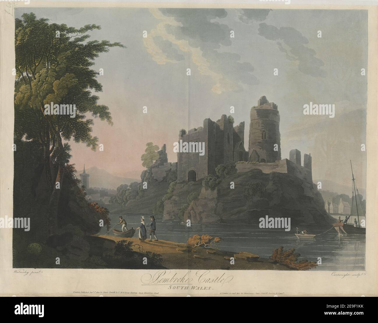 Pembroke Castle SOUTH WALES. Autor Cartwright, Thomas 47,89.f. Erscheinungsort: London Verlag: Jany 1st 1800 von James Daniell , Co No6 Great Charlotte Street, Blackfriars Road. : A Londres se vend chex les Proprietaires James Daniell Graveur , Compie., Erscheinungsdatum: [Januar 1 1800] Artikeltyp: 1 Druckmedium: Aquatinta und Radierung mit Handkolorierung Maße: Blatt 47,3 x 60,4 cm ehemaliger Besitzer: George III., König von Großbritannien, 1738-1820 Stockfoto