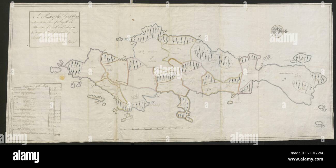 Eine Karte der Insel GIGA situate in the Shire of Argyll and Kingdom of Scotland gehörend zu Roger Mc:Neil of Taynish Esq.r und vermessen durch seine Ernennung im Juni 1747 Autor McDougal, Stephen 49,37.1. Ort der Veröffentlichung: [Gigha?] Herausgeber: Von Stephen McDougal, Erscheinungsdatum: [Ca. 1747.] Objekttyp: 1 Karte auf 3 Blatt Medium: Leinen, Handschriftenstift und Tusche mit Aquarell über Bleistift verbunden und gelegt Maße: 54 x 129 cm ehemaliger Besitzer: George III., König von Großbritannien, 1738-1820 Stockfoto