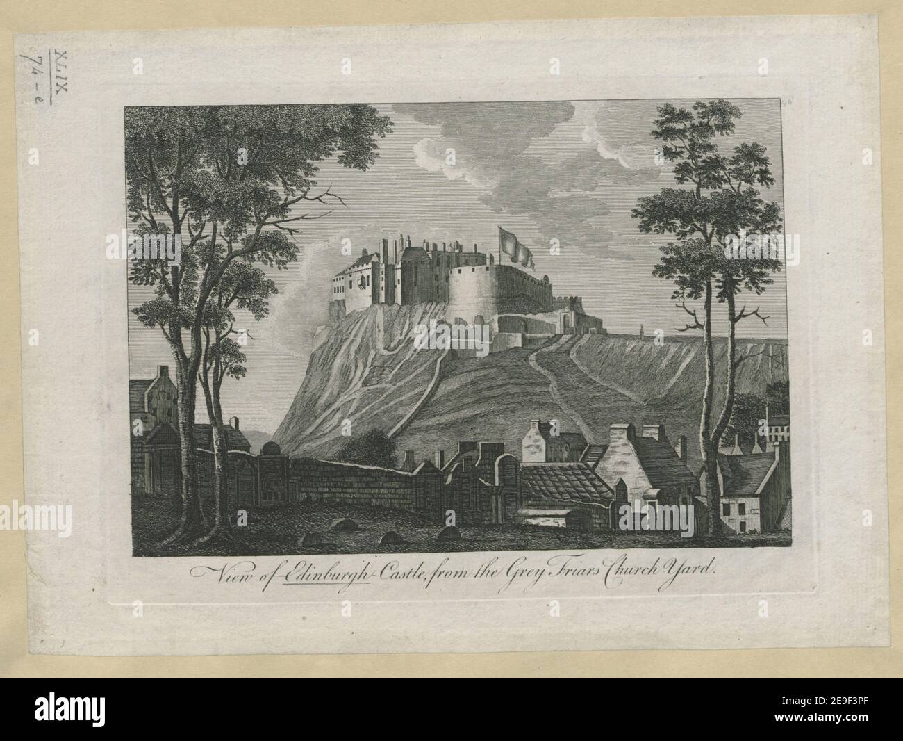 Blick auf das Edinburgh Castle vom Gray Friars Church Yard. Autor Kearsley, George 49,74.e. Erscheinungsort: [London] Verlag: [George Kearsly] Erscheinungsdatum: [1778] Objekttyp: 1 Druckmedium: Ethcing and Engraving Maße: Plattenmark 15,7 x 21,9 cm, auf Blatt 19,4 x 26,6 cm. Ehemaliger Besitzer: George III., König von Großbritannien, 1738-1820 Stockfoto